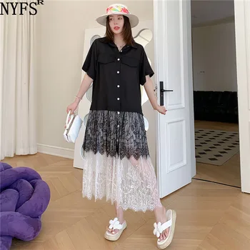 NYFS 2023 הקיץ החדש קוריאה אישה השמלה Vestidos החלוק Elbise בתוספת גודל קנבוס טלאי על טלאי תחרה שרוול קצר שמלת החולצה