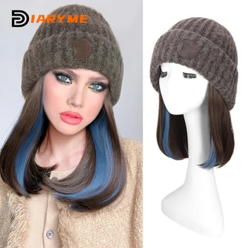 כובע פאה סינתטית שיער קצר פאות מחובר סריגה כובע קטיפה שיער חם הפאה בחורף מתכוונן לנשים טבעי המשיכו